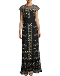 French Connection Floral Embroidered Short Sleeve Maxi Dress Black