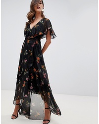 ASOS DESIGN Maxi Dress With Cape Back And Dipped Hem In Dark Black Floral