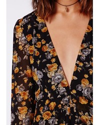 Missguided Roxy Floral Chiffon Plunge Maxi Overlay Romper Black