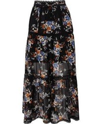 River Island Black Chiffon Floral Print Tiered Maxi Skirt