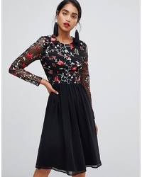 Chi Chi London 2 In 1 Embroidered Skater Dress With Chiffon Skirt