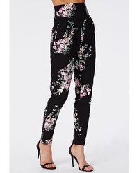 Missguided Haman Floral Print High Waisted Trousers Black