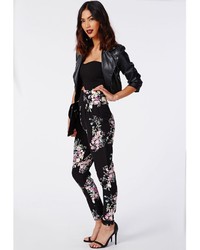Missguided Haman Floral Print High Waisted Trousers Black