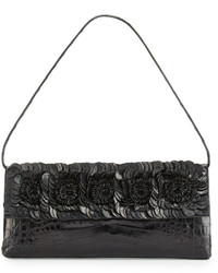Nancy Gonzalez Floral Crocodile Flap Clutch Bag Black Shiny