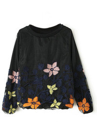 Romwe Floral Embroidered Black Sweatshirt