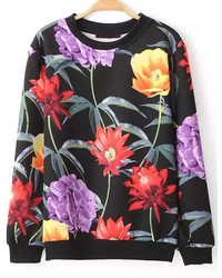 Floral Print Black Loose Sweatshirt