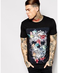 Asos Brand Oversized T Shirt With Floral Skull Printed Woven Panel