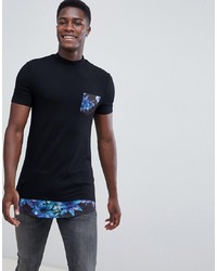 ASOS DESIGN Muscle Fit Super Longline Turtle Neck T Shirt With Floral Curved Hem Extender And Pocket