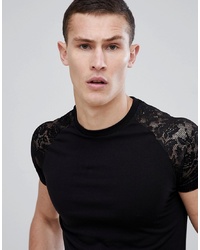 ASOS DESIGN Muscle Fit T Shirt With Curve Hem And Contrast Lace Sleeves In Black