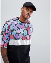 ASOS DESIGN Oversized T Shirt With Silver Foil Panel And Floral Yoke
