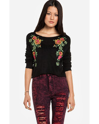Dailylook Floral Embroidered Cropped Sweater In Black S