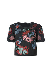 Josie Natori Embroidered Flower Cropped T Shirt