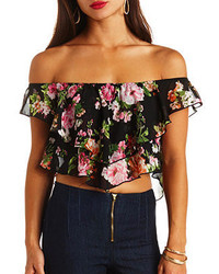 Charlotte Russe Floral Print Chiffon Off The Shoulder Crop Top