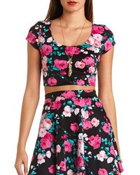 Charlotte Russe Floral Print Wrapped Heart Cut Out Crop Top