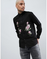Black Floral Denim Shirt