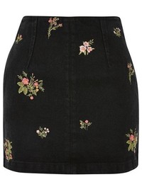 Black Floral Denim Skirt
