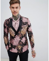 Black Floral Double Breasted Blazer