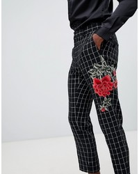 ASOS DESIGN Skinny Cropped Suit Trousers In Black And White Check With Embroidery