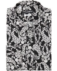 Dolce & Gabbana Black And White Floral Print Cotton Gold Button Front Shirt