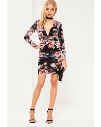 Missguided Black Floral Knot Front Mini Dress