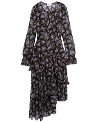 Zimmermann Ruffled Floral Print Silk Georgette Dress Black