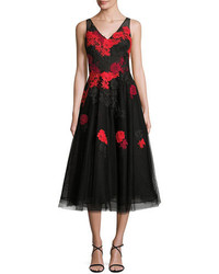 Rickie Freeman For Teri Jon Sleeveless Floral Tulle Tea Length Dress Black