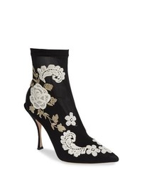 Black Floral Elastic Ankle Boots