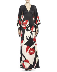 Alexander McQueen Abstract Floral Print Kimono Gown Black Mix