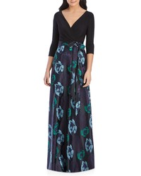 Alfred Sung Faux Wrap Jersey Brocade Gown