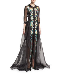 Carolina Herrera Floral Embroidered Organza Trench Gown Black