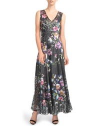 Komarov Floral Print Lace Up Gown