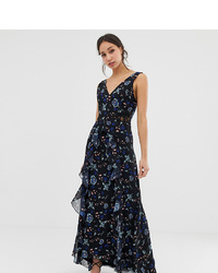 Little Mistress Tall Lace Plunge Front Maxi Dress In Black Multi