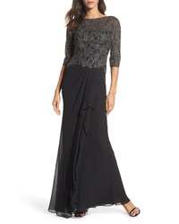 La Femme Metallic Embroidered A Line Gown
