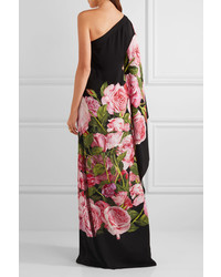 Dolce & Gabbana One Shoulder Floral Print Silk Charmeuse Gown Black