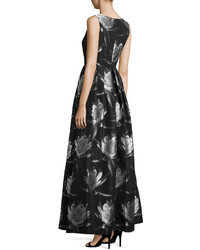 Carmen Marc Valvo Sleeveless Floral Print Gown Black