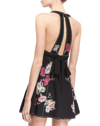 Marc Jacobs Floral Embroidered Sleeveless Fit Flare Minidress Black
