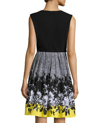 Ellen Tracy Floral Patterned Fit And Flare Dress Blackwhiteyellow