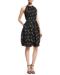 Carmen Marc Valvo Sleeveless Floral Embroidered Mesh Fit Flare Dress