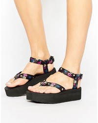 Black Floral Flat Sandals