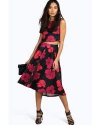 Boohoo Alba Floral Top And Frill Midi Skirt Co Ord Set