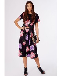 Missguided High Waisted Floral Print Full Midi Skirt Black