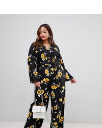 Influence Plus Button Detail Wide Leg Jumpsuit In Floral Print Yellow Fl