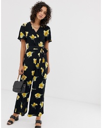 Warehouse Jumpsuit With Yellow Floral Print In Black