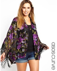 Asos Curve Kimono In Floral With Fringe Sleeves