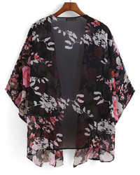 Black Floral Loose Chiffon Kimono