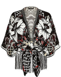 River Island Black Floral Print Tie Front Kimono Jacket