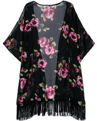 Black Half Sleeve Floral Tassel Loose Kimono