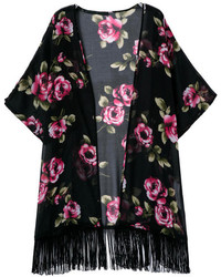 Black Half Sleeve Floral Tassel Loose Kimono