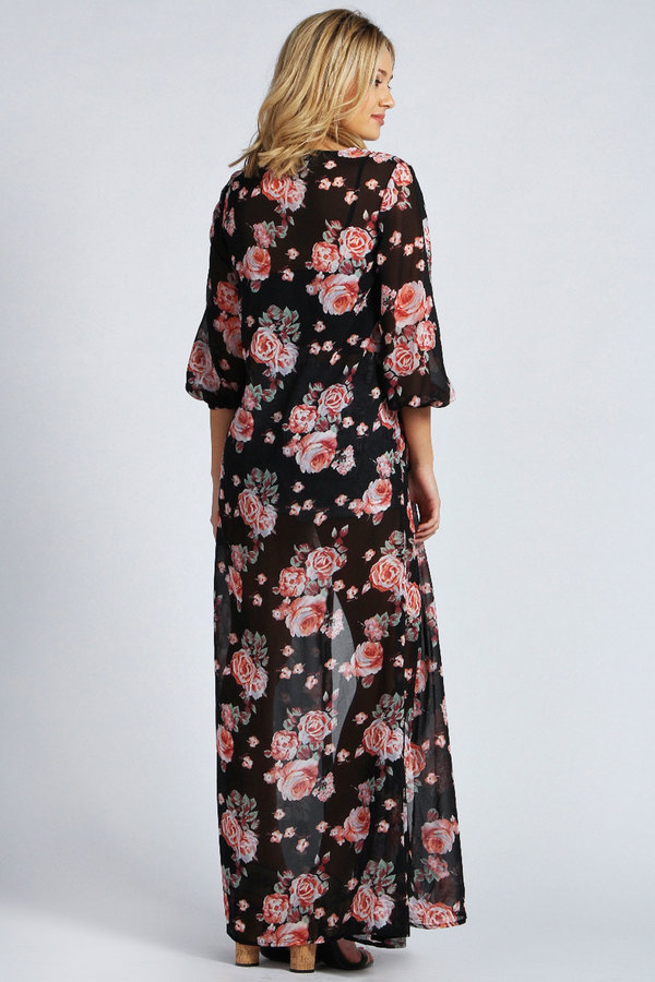 Boohoo Ivy Floral Print Chiffon Long Kimono, $39 | BooHoo | Lookastic