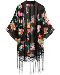 Choies Black Floral Tassels Kimono